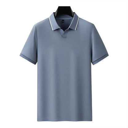 Men's solid colour short sleeve polo shirt with lapel collar on a hanger