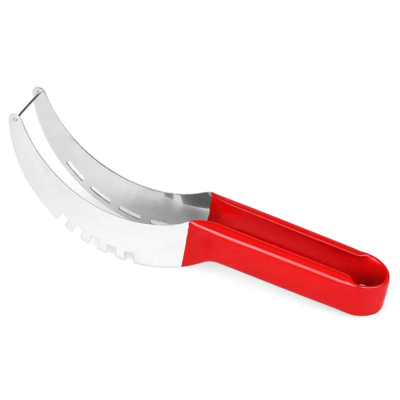 Silver stainless steel melon cutter for slicing watermelon and other large fruits.