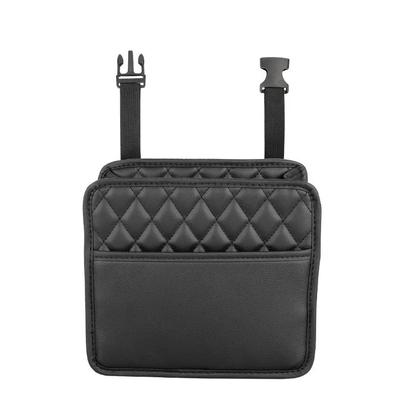 Black leather hanging storage bag for car interior organisation and trash.