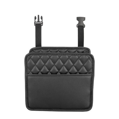 Black leather hanging storage bag for car interior organisation and trash.