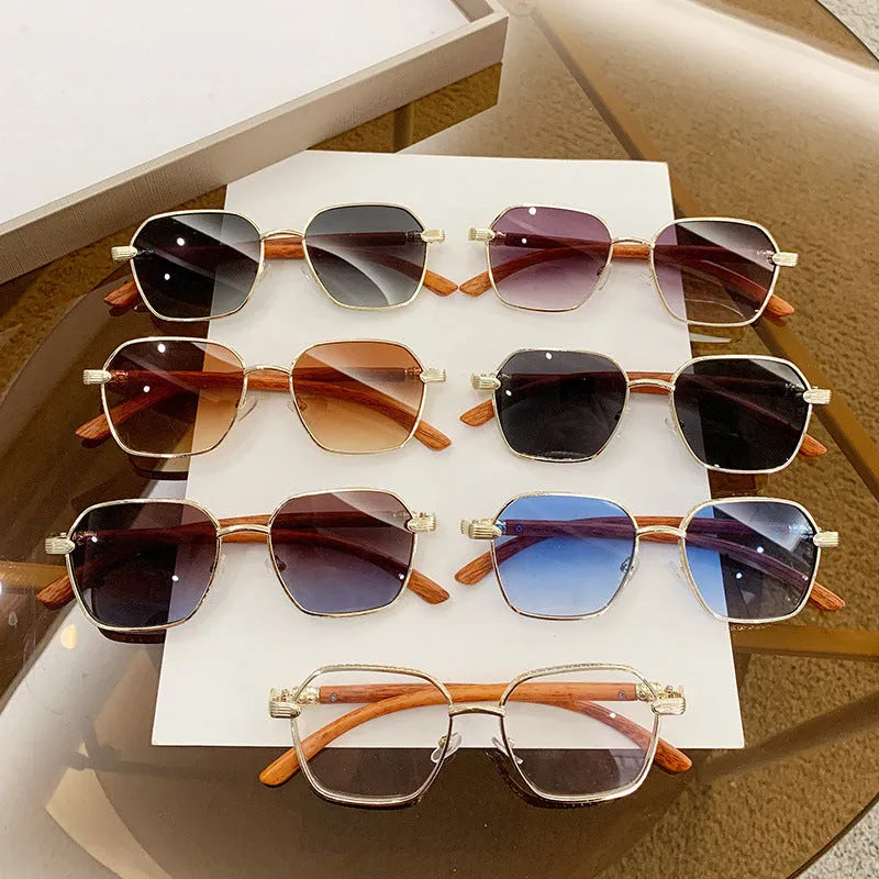 Women's frameless glasses with wood grain pattern and gold alloy frame in double blue colour.