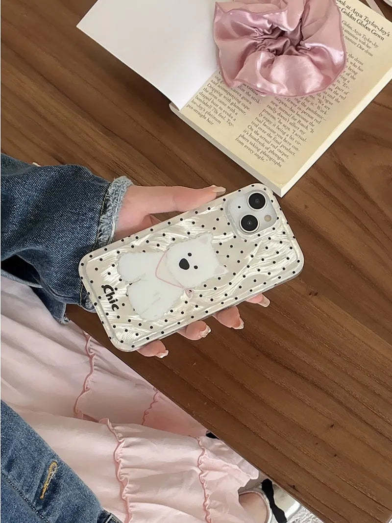 Polka dot West Highland dog TPU phone case in white feather yarn finish for Apple iPhone