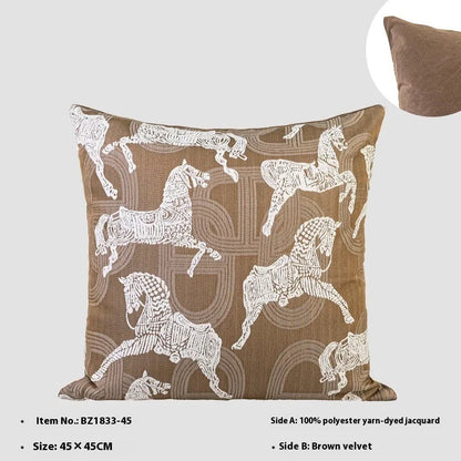 Chinese ancient style 45cm square cushion with geometric pattern in feather velvet, brown colour variations