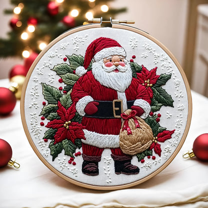 Santa Claus embroidery fabric kit showing 28x28cm cotton linen cloth with landscape pattern