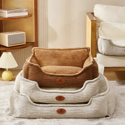 Coffee coloured removable washable pet kennel cushion bed for small medium dogs cats on a wooden floor