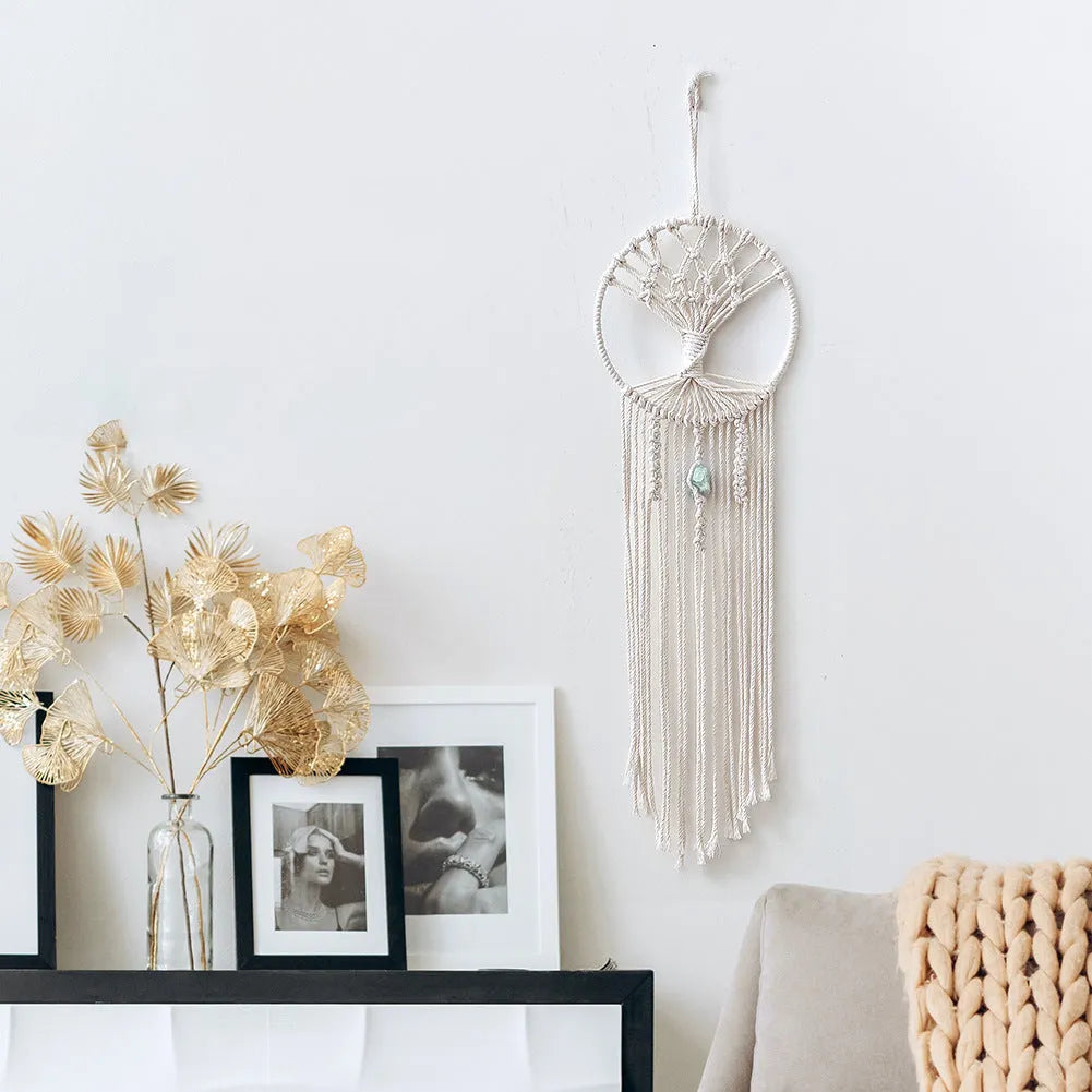 Handmade rectangular dream catcher tree tapestry woven from cotton rope, 73 cm long.