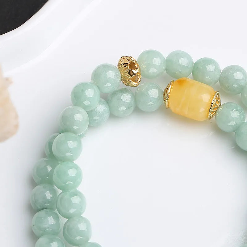 Double-layer retro women's bracelet with jade round beads and beeswax barrel beads in geometric design