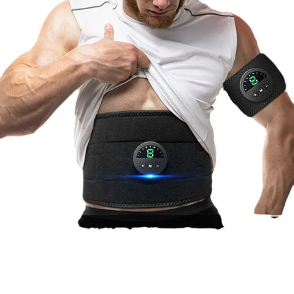 Adjustable fitness belt with display screen for waist and abdomen exercise, measuring 120cm length with USB charging cable