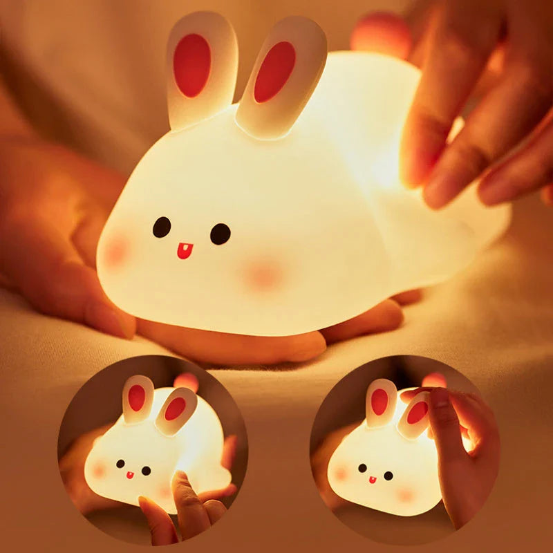 Adorable LED night light with soft silicone design and rabbit face, perfect for kids' bedrooms