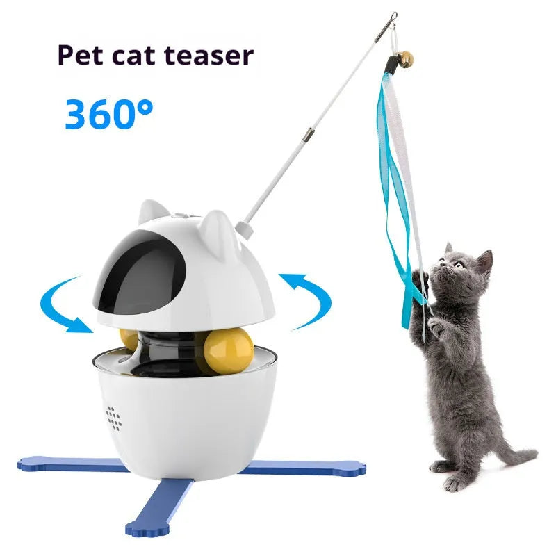 White automatic interactive cat toy with elastic rope on flexible stick for indoor feline play