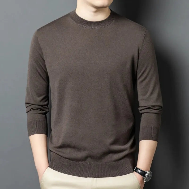 Men's Round Neck Pullover Sweater made from Mulberry Silk and Wool blend long sleeve casual winter knitwear in Black, Blue Gray, Caramel, Dark Gray, Fancy Twill Camel, Gram Blue, Gucci Green, Limestone Coffee or Medium Grey