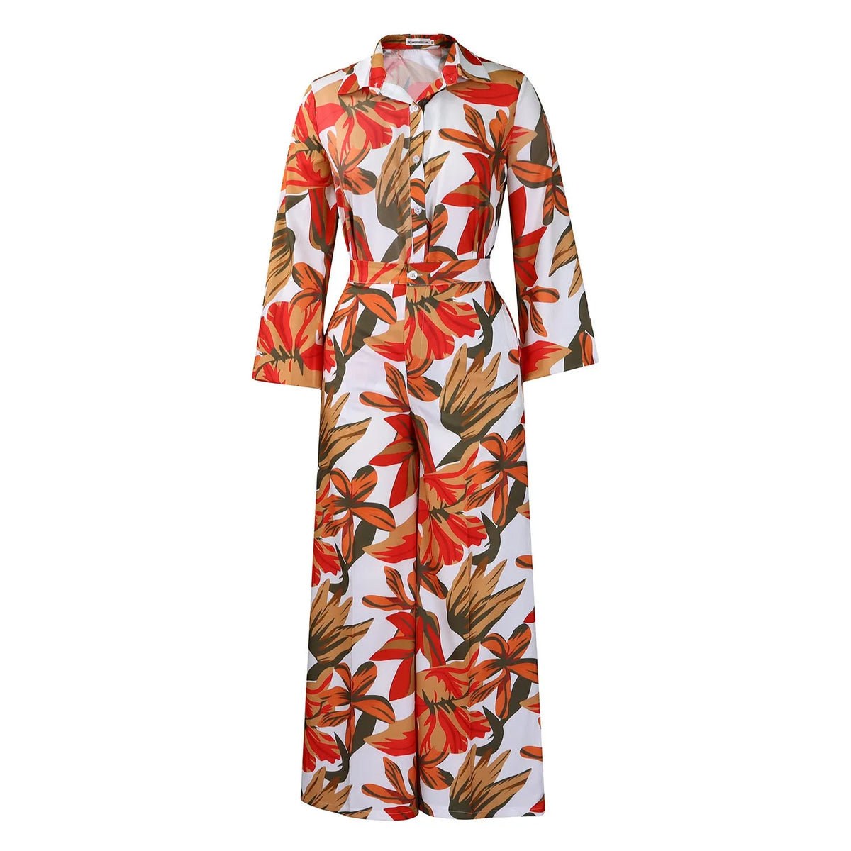 Red printed long sleeve shirt and wide leg pants suit set in polyester fabric
