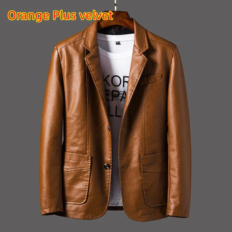 Premium leather jacket for men in orange, red, and black colors with a classic collar, studded lapels, and quilted sleeves