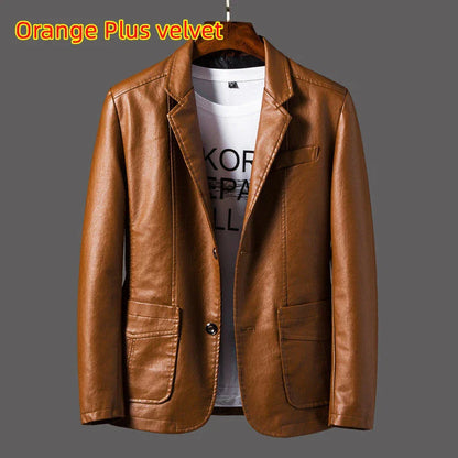Premium leather jacket for men in orange, red, and black colors with a classic collar, studded lapels, and quilted sleeves