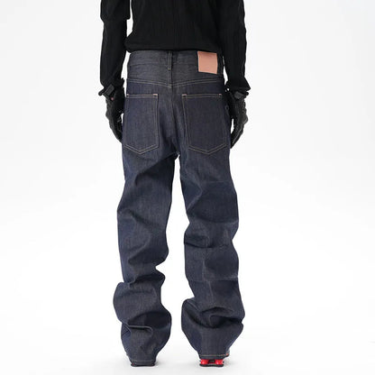 Men's dark blue loose straight-leg denim jeans laid flat, showing front view.