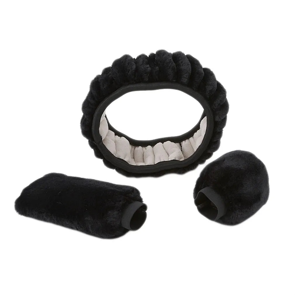 Plush winter steering wheel cover set with gear shift and handle covers in six colour options