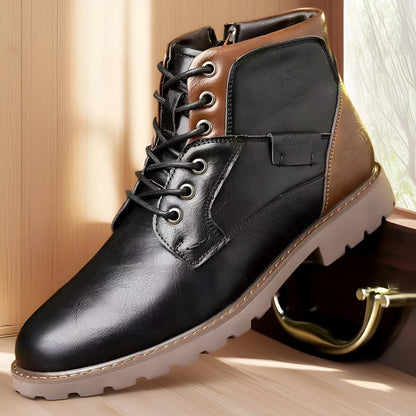 Men's brown side-zip Martin ankle boots with round toe and rubber sole