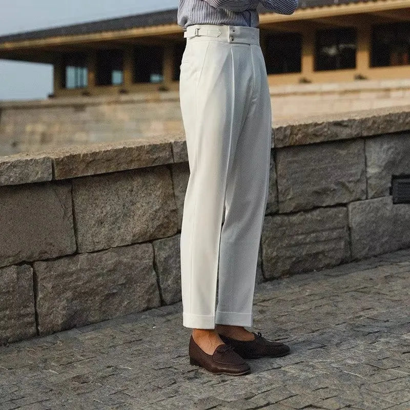 Slim fit straight leg business trousers in apricot colour on a hanger