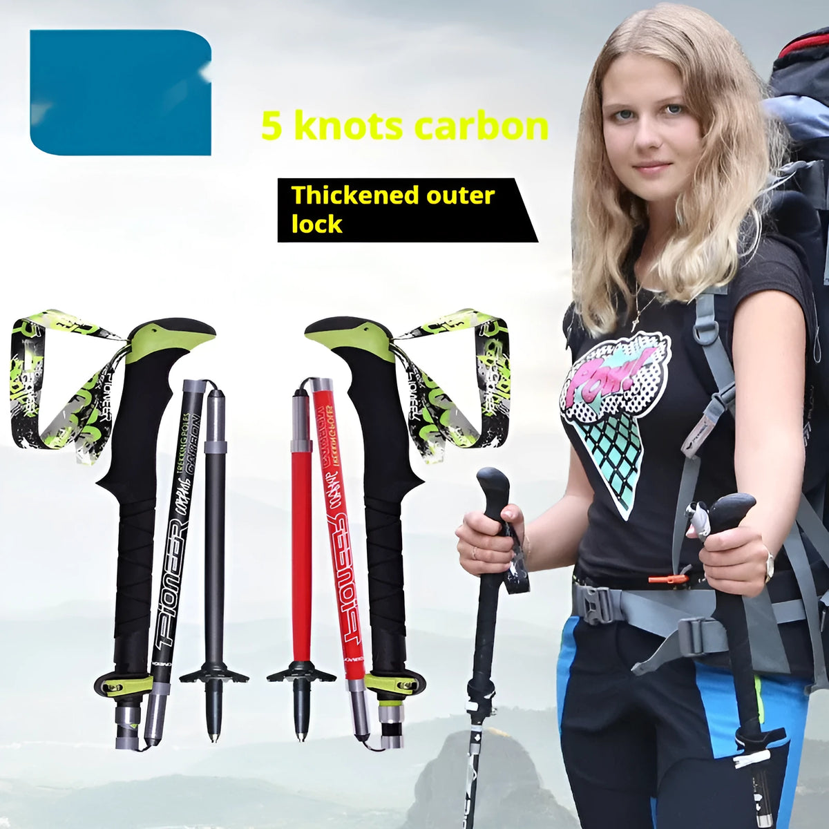 Carbon fibre folding climbing cane with 5-section tube and tungsten steel tip