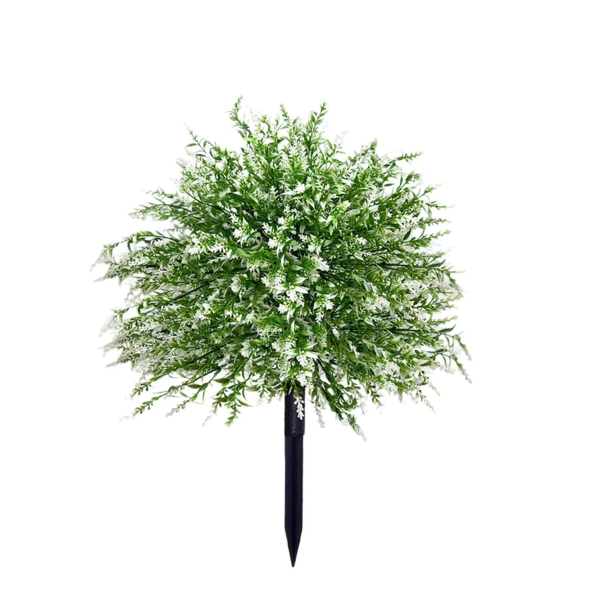 White artificial lavender plant with green leaves, a plastic floor decoration for home or events.