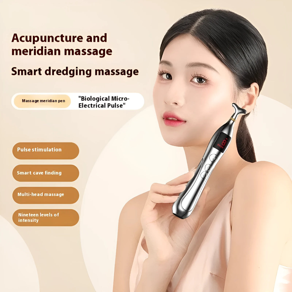 Rechargeable charging acupuncture pen with five massage heads and USB cable on a table.