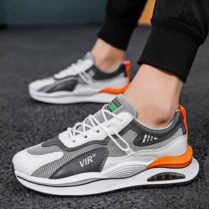 Men's gray and black mesh running shoes with EVA sole and round toe design