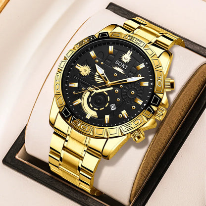 Men's gold business quartz watch with stainless steel strap showing time at 10:10, calendar window at 3 o'clock position
