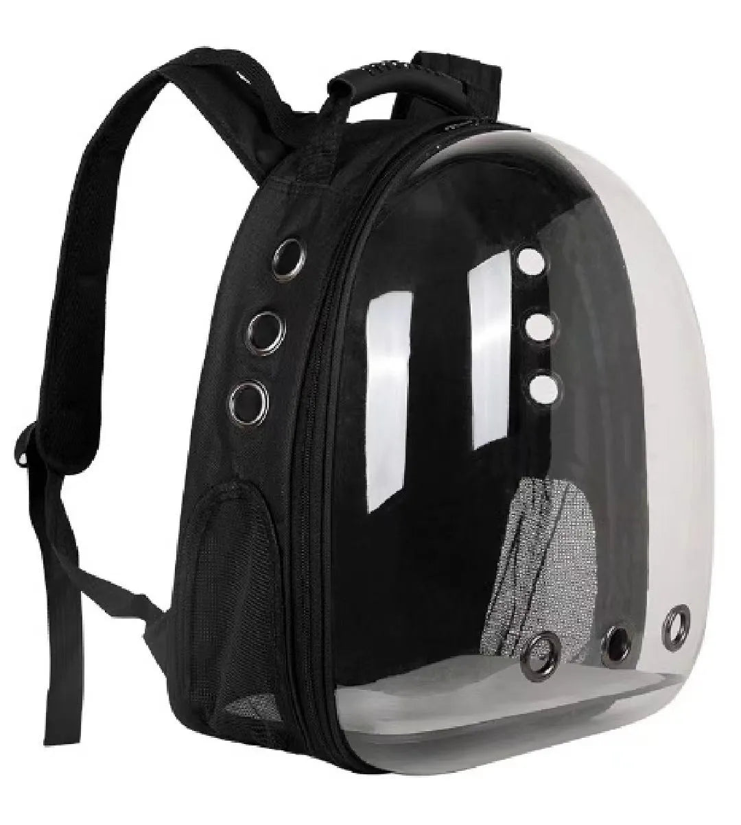 Grey PC plastic side opening pet carrier backpack for cats on a white background.