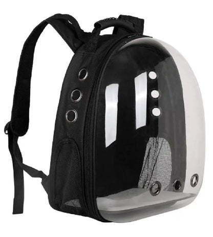Grey PC plastic side opening pet carrier backpack for cats on a white background.
