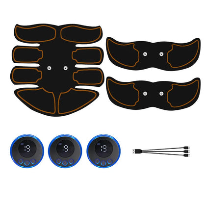 Blue-edged K81 digital abdominal muscle stimulator unit showing display, next to its charging cable.