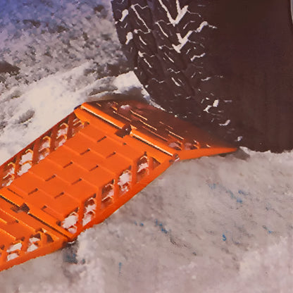 Orange folding vehicle rescue board showing folded and unfolded positions with anti slip rubber surface