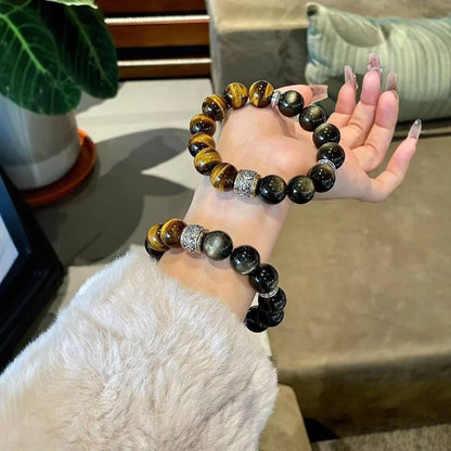 Women's Tigereye silver stone double bracelet with gold inlay and symbolic patterns