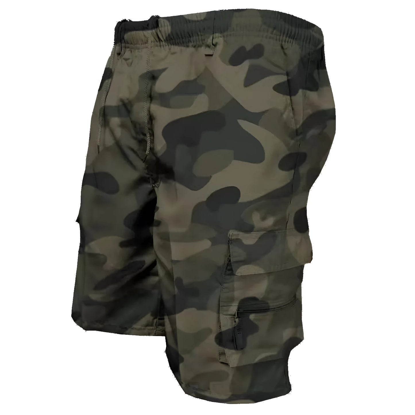 Men's multi-pocket cotton casual shorts in khaki with a drawstring waistband, shown in a loose fit.