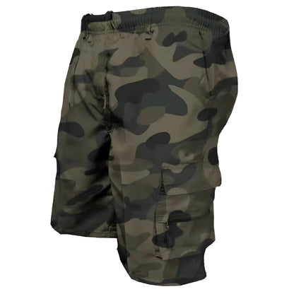 Men's multi-pocket cotton casual shorts in khaki with a drawstring waistband, shown in a loose fit.