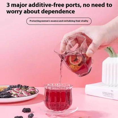 Flaxseed fig mulberry herbal tea sachets with black wolfberry in packaging with free travel cup