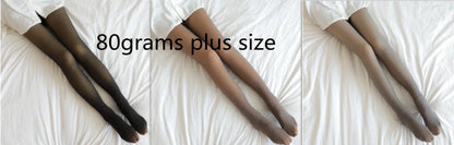 Cozy fleece-lined tights in various colors, featuring a unique translucent design and high-waisted fit for warmth and style.