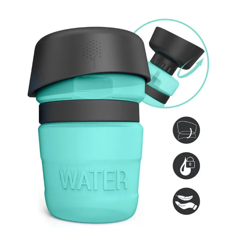 Blue portable dog water bottle with 520ml capacity and integrated sink base.
