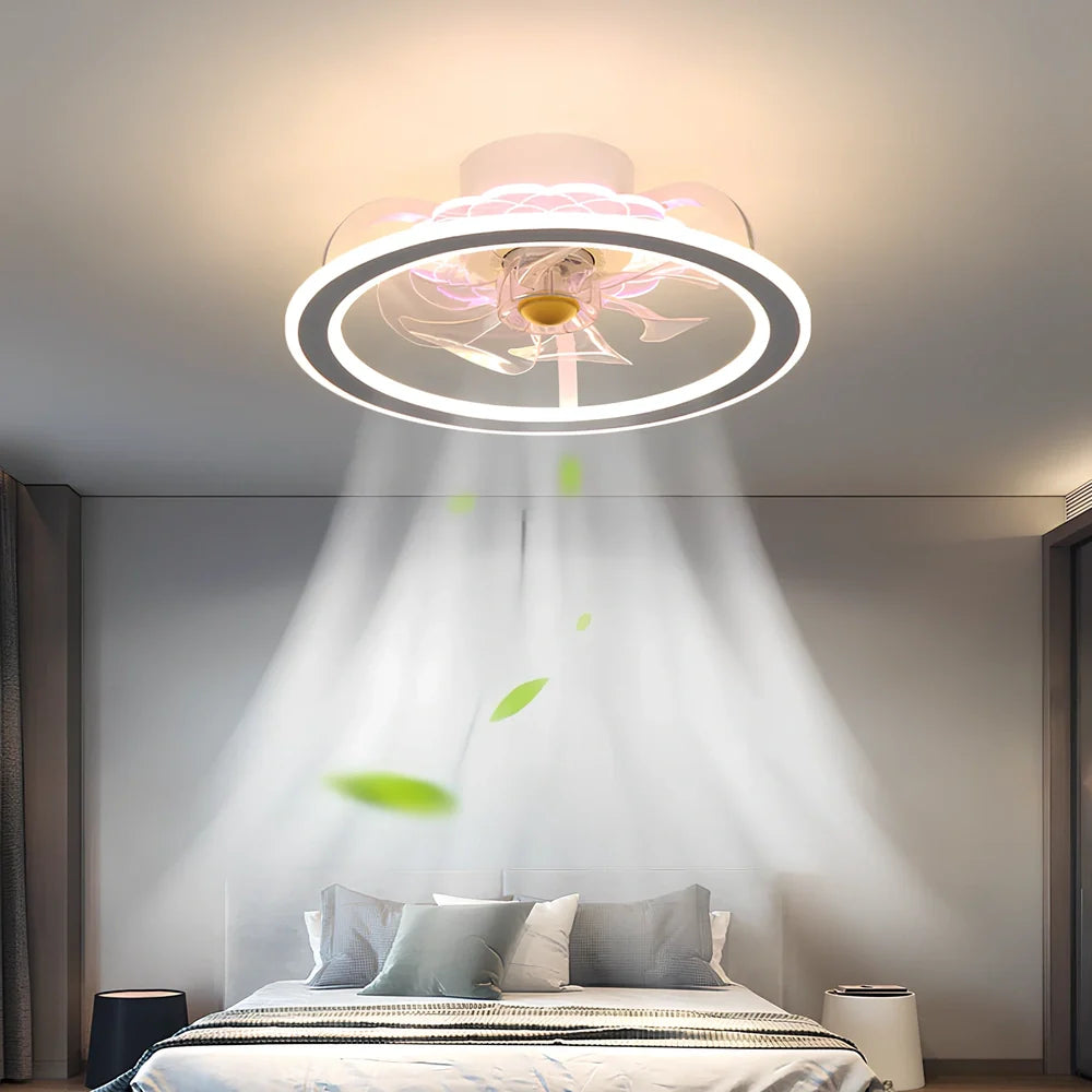 Modern bedroom ceiling fan lamp in white circle with metal blades and Yake shade, 80cm diameter for 220V use