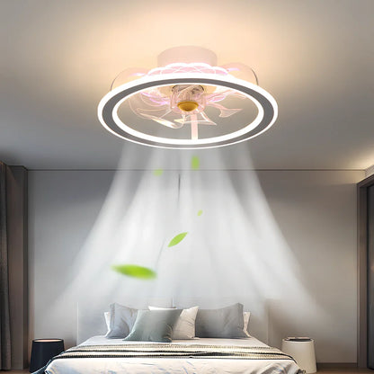 Modern bedroom ceiling fan lamp in white circle with metal blades and Yake shade, 80cm diameter for 220V use