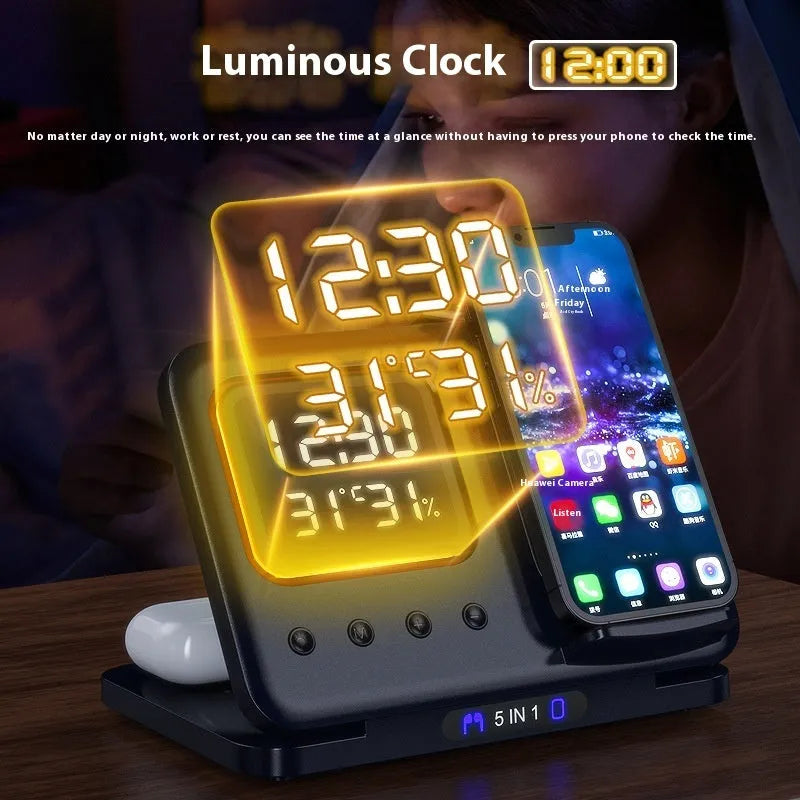 Black wireless charging station showing phone, watch and headphones charging, with digital clock display.