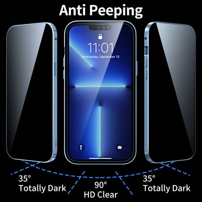 Black magnetic metal iPhone case with a privacy screen protector, shown on an iPhone 15 Pro.
