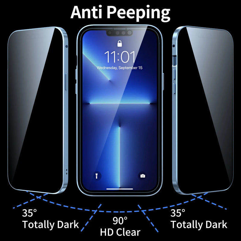 Magnetic phone case with all-inclusive metal frame and privacy screen protection, compatible with iPhone 12 mini to iPhone 15 Pro Max models, available in black, red, gold, silver, pink, light purple, navy blue, and yuanfeng blue colour options
