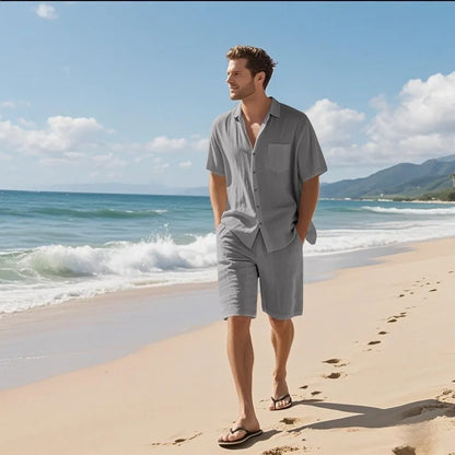 Linen leisure short sleeve shirt and shorts set in hemp blend fabric, available in multiple colours and sizes