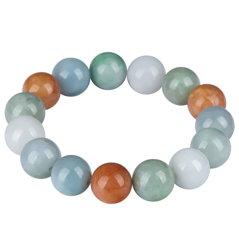 Natural Myanmar jade bracelet with three colours, round 13mm beads, traditional Asian style