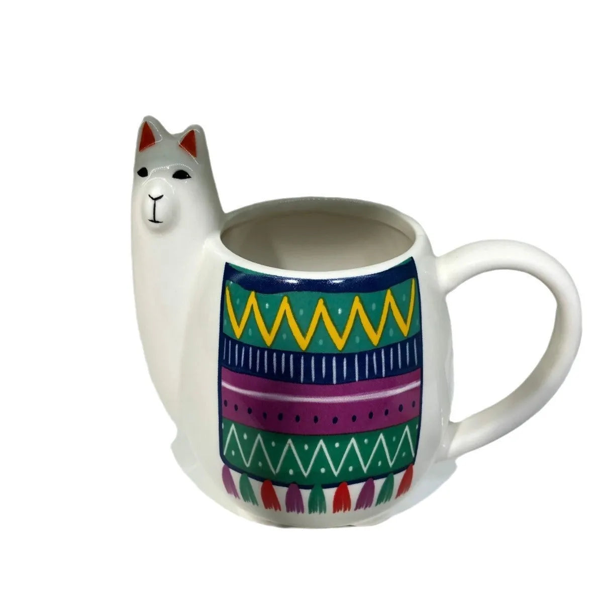 White ceramic mug with cartoon alpaca pattern and handle