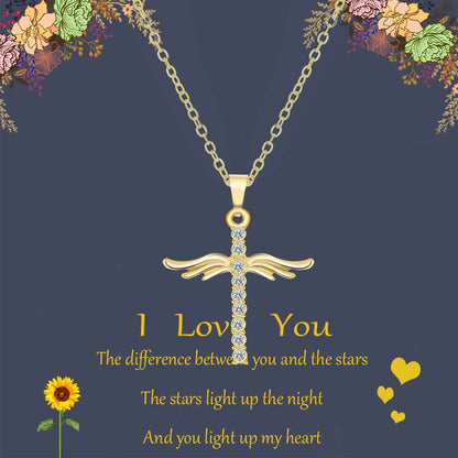 Elegant angel wings cross pendant necklace made of high-quality alloy in gold and silver tones, with adjustable chain length.