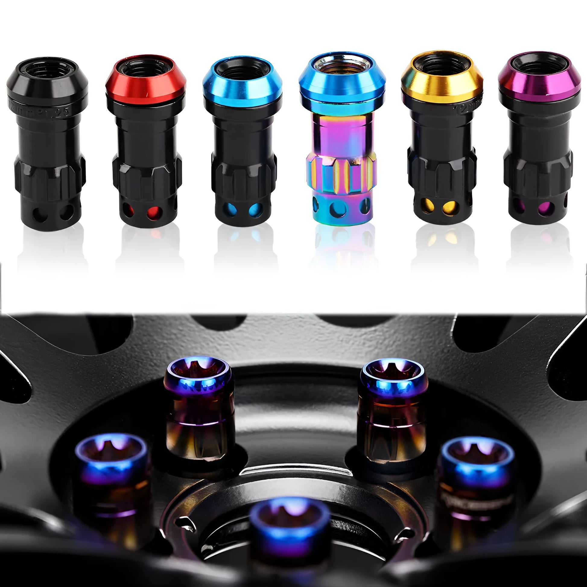 Set of aluminium alloy wheel hub nuts in various colours including red, gold, blue, purple and black combinations