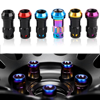 Set of aluminium alloy wheel hub nuts in various colours including red, gold, blue, purple and black combinations