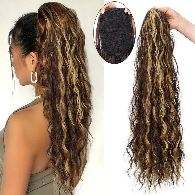 Water ripple long curly synthetic hair extension with drawstring ponytail attachment in multiple colour options