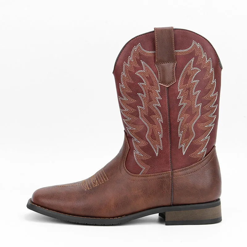 Men's black square toe denim-style motorcycle boots with mid-calf shaft and low wedge heel.